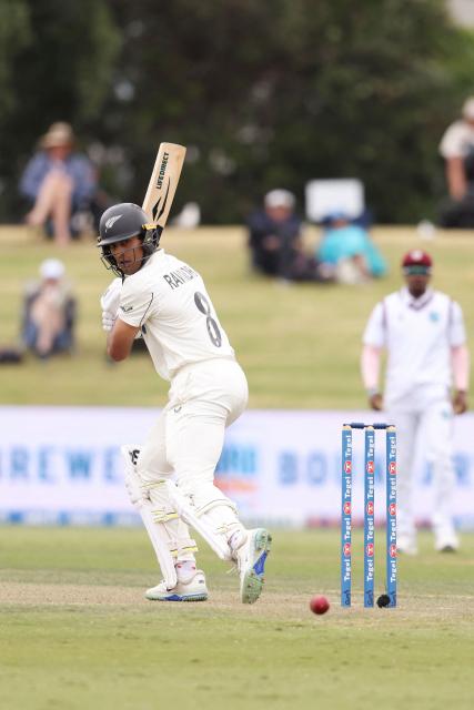 New Zealand’s Rachin Ravindra bats during day two of the 3rd international Test cricket match between New Zealand and West Indies at Bay Oval in Mount Maunganui on December 19, 2025. (Photo by Michael Bradley / AFP)