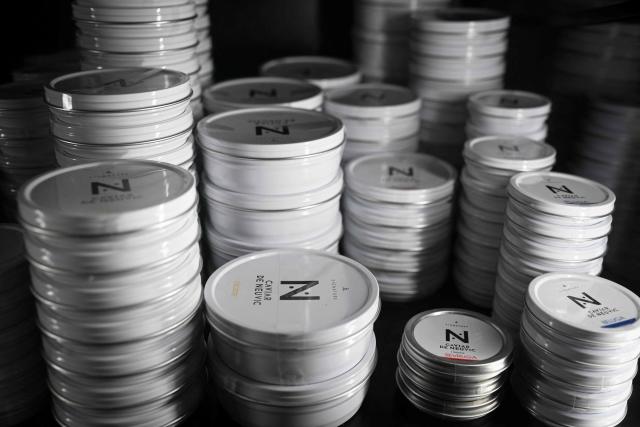 This photograph shows boxes of caviar in a showcase at the Caviar de Neuvic boutique in Paris on December 11, 2025. A pioneer in Bulgarian caviar production has to go the extra mile ahead of the festive season to whet appetites for his beluga caviar, striving to meet demand from all over the world, as November and December are the busiest months for Mateev on the southern Bulgarian Kardzhali lake in the heart of the Rhodope Mountains, the alleged birthplace of the mythical Orpheus. (Photo by Nikolay DOYCHINOV / AFP)