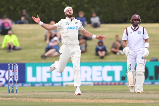 New Zealand’s Michael Rae bowls during day two of the 3rd international Test cricket match between New Zealand and West Indies at Bay Oval in Mount Maunganui on December 19, 2025. (Photo by Michael Bradley / AFP)