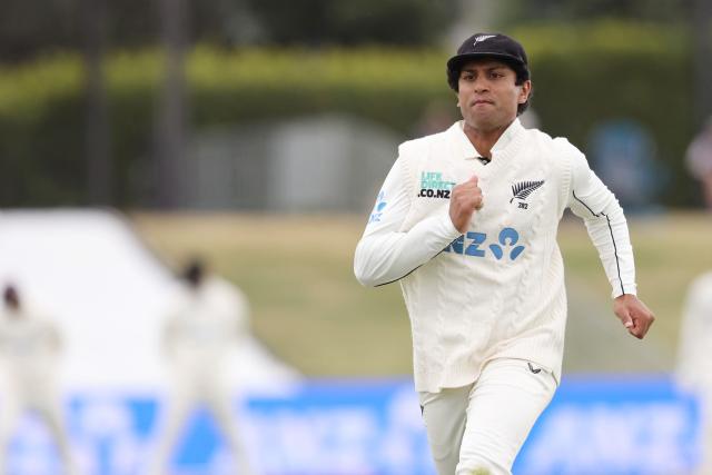New Zealand’s Rachin Ravindra fields during day two of the 3rd international Test cricket match between New Zealand and West Indies at Bay Oval in Mount Maunganui on December 19, 2025. (Photo by Michael Bradley / AFP)