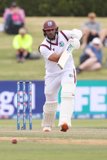 West Indies Brandon King bats during day two of the 3rd international Test cricket match between New Zealand and West Indies at Bay Oval in Mount Maunganui on December 19, 2025. (Photo by Michael Bradley / AFP)