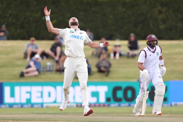 New Zealand’s Michael Rae reacts after bowling during day two of the 3rd international Test cricket match between New Zealand and West Indies at Bay Oval in Mount Maunganui on December 19, 2025. (Photo by Michael Bradley / AFP)