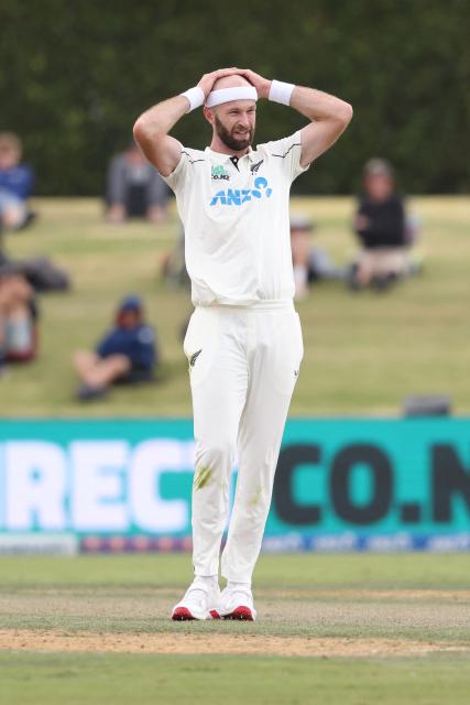 New Zealand’s Michael Rae reacts after bowling during day two of the 3rd international Test cricket match between New Zealand and West Indies at Bay Oval in Mount Maunganui on December 19, 2025. (Photo by Michael Bradley / AFP)