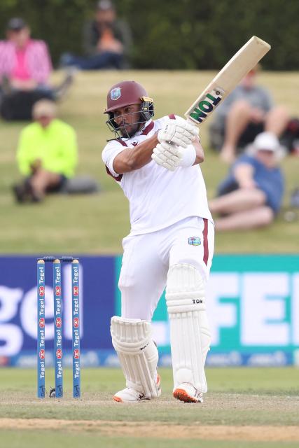 West Indies' Brandon King bats during day two of the 3rd international Test cricket match between New Zealand and West Indies at Bay Oval in Mount Maunganui on December 19, 2025. (Photo by Michael Bradley / AFP)
