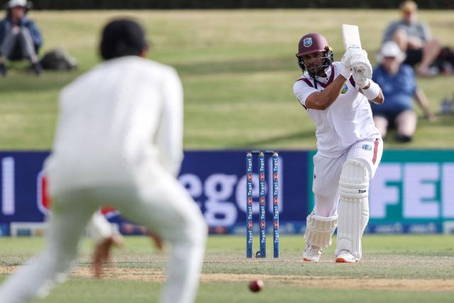 West Indies' Brandon King (R) bats during day two of the third international Test cricket match between New Zealand and West Indies at Bay Oval in Mount Maunganui on December 19, 2025. (Photo by Michael Bradley / AFP)
