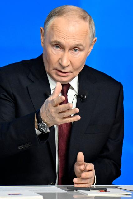 Russian President Vladimir Putin holds his annual end-of-year press conference in Moscow on December 19, 2025. (Photo by Alexander NEMENOV / AFP)