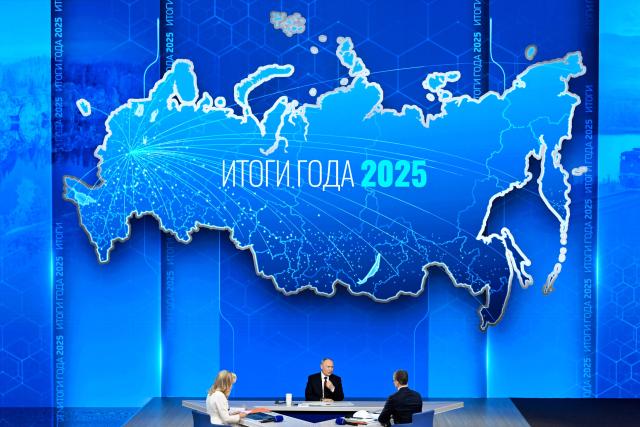 Russian President Vladimir Putin holds his annual end-of-year press conference in Moscow on December 19, 2025. (Photo by Alexander NEMENOV / AFP)