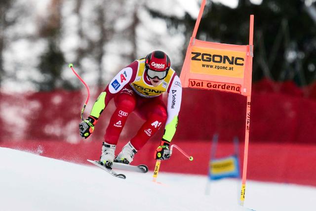 Austria's Stefan Babinsky competes in the men's Super G race during the FIS Alpine Ski World Cup, in Val Gardena, on December 19, 2025. (Photo by Stefano RELLANDINI / AFP)