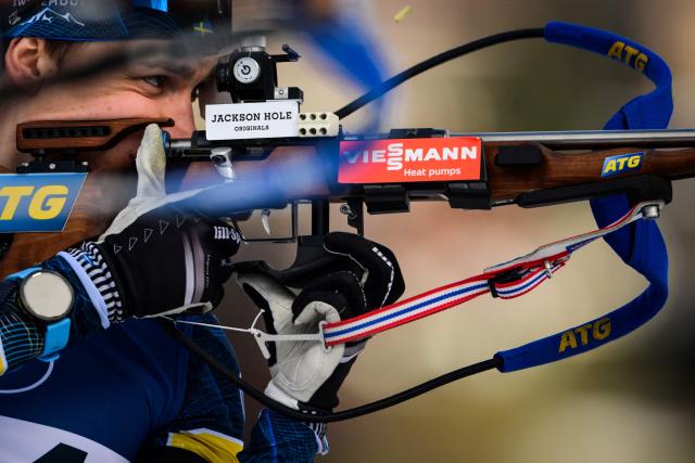 Sweden's Martin Ponsiluoma fires his rifle during a training ahead of the men's 10km sprint event of the IBU Biathlon World Cup, in Le Grand Bornand, near Annecy, southeastern France, on December 19, 2025. (Photo by Olivier CHASSIGNOLE / AFP)