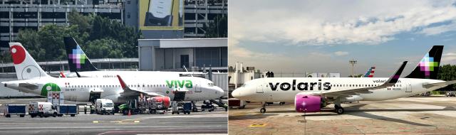 (COMBO) This combination of pictures created on December 19, 2025 shows a plane of Mexico's airline Viva parked in a gate at the Benito Juarez International Airport in Mexico City on July 22, 2025, and a Volaris Airbus 320 airplane sitting on the tarmac at the Benito Juarez International Airport in Mexico City on November 3, 2022. Mexican low-cost airlines Volaris and Viva announced on December 18, 2025 that they will merge to increase their flight capacity, in a deal that, if approved, would result in one of the largest airlines in the country. (Photo by Yuri CORTEZ and Daniel SLIM / AFP)