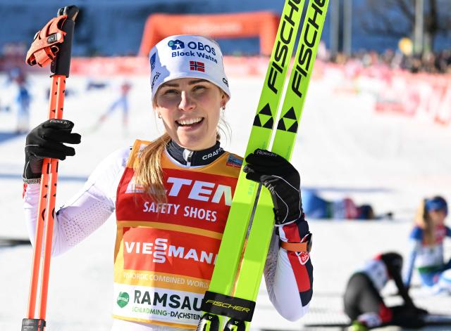 Winner Norway's Ida Marie Hagen is pictured during the Women's Nordic Combined FIS World Cup in Ramsau am Dachstein, Austria on December 19, 2025. (Photo by BARBARA GINDL / APA / AFP) / Austria OUT