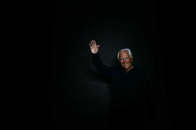 (FILES) Italian designer Giorgio Armani greets the audience at the end of the Emporio Armani collection show during the Milan Fashion Week Menswear Autumn/Winter 2024/2025 on January 13, 2024 in Milan. (Photo by GABRIEL BOUYS / AFP)