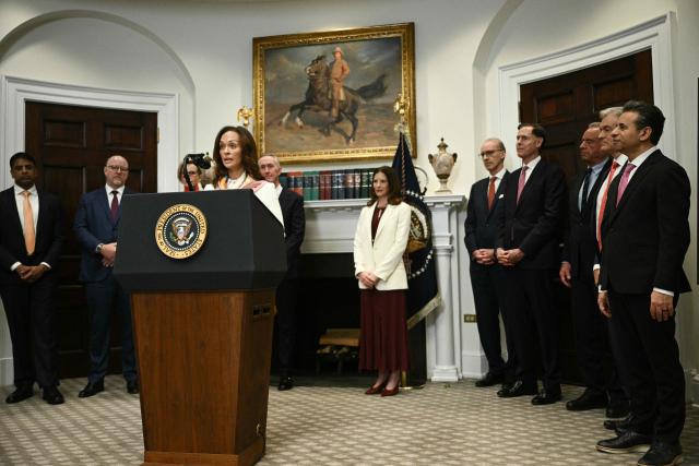General Counsel of Bristol Myers Squibb, Cari Gallman, speaks during an announcement on lowering drug prices from the Roosevelt Room of the White House in Washington, DC, on December 19, 2025. (Photo by Brendan SMIALOWSKI / AFP)