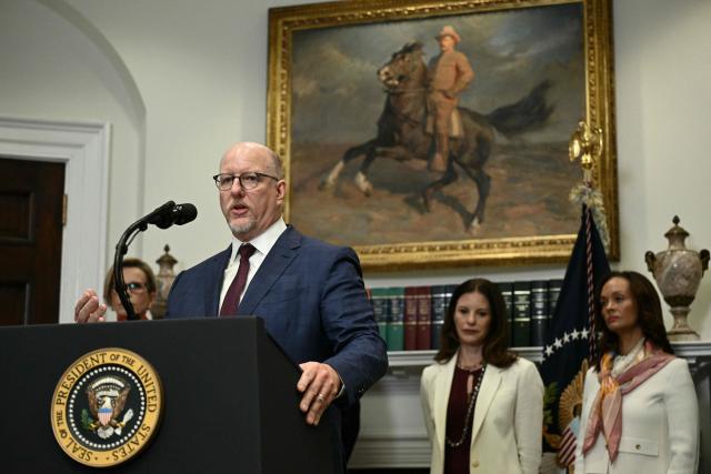 Merck CEO Robert Davis speaks during an announcement on lowering drug prices from the Roosevelt Room of the White House in Washington, DC, on December 19, 2025. (Photo by Brendan SMIALOWSKI / AFP)