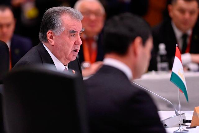 Tajikistan’s President Emomali Rahmon delivers remarks at the leaders-level "Central Asia plus Japan" Dialogue (CA+JAD) Summit in Tokyo on December 20, 2025. (Photo by David MAREUIL / POOL / AFP)