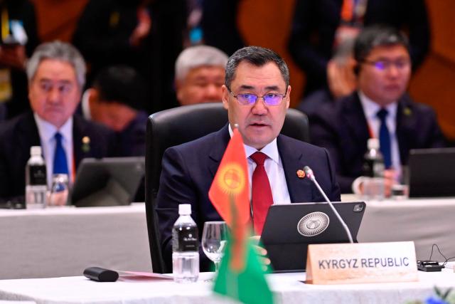 Kyrgyzstan’s President Sadyr Japarov delivers remarks at the leaders-level "Central Asia plus Japan" Dialogue (CA+JAD) Summit in Tokyo on December 20, 2025. (Photo by David MAREUIL / POOL / AFP)