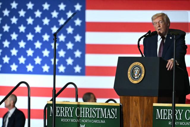 US President Donald Trump speaks during a political rally in Rocky Mount, North Carolina on December 19, 2025. (Photo by ANDREW CABALLERO-REYNOLDS / AFP)