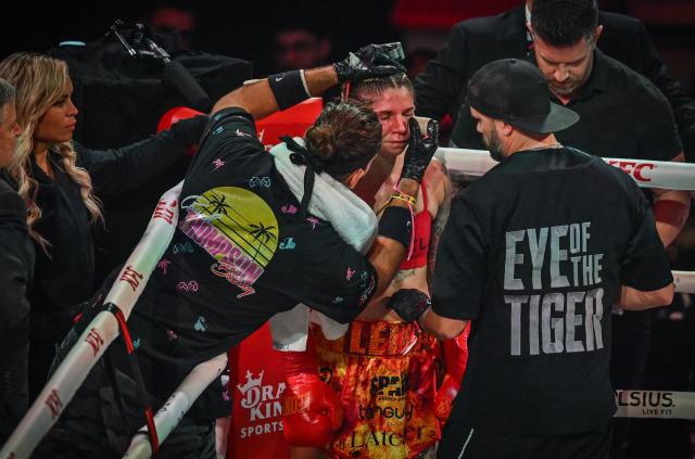 Canadian boxer Leila Beaudoin is getting patched during the unified super-featherweight world championship boutagainst US boxer Alycia Baumgardner on the undercard of the Paul–Joshua non-title heavyweight fight at the Kaseya Center in Miami, Florida, on December 19, 2025. (Photo by Giorgio VIERA / AFP)