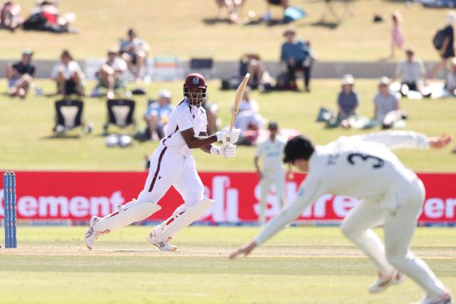 West Indies' Justin Greaves bats during day three of the 3rd international Test cricket match between New Zealand and West Indies at Bay Oval in Mount Maunganui on December 20, 2025. (Photo by Michael Bradley / AFP)