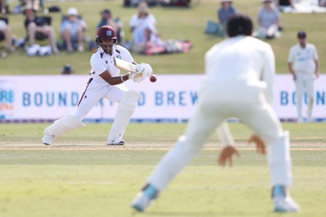 West Indies' Roston Chase bats during during day three of the 3rd international Test cricket match between New Zealand and West Indies at Bay Oval in Mount Maunganui on December 20, 2025. (Photo by Michael Bradley / AFP)