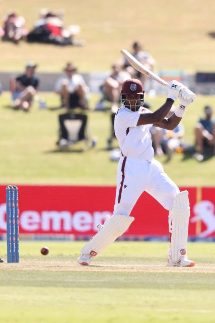 West Indies' Justin Greaves bats during day three of the 3rd international Test cricket match between New Zealand and West Indies at Bay Oval in Mount Maunganui on December 20, 2025. (Photo by Michael Bradley / AFP)