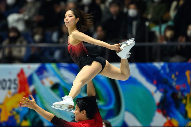 Japan's Japan's Riku Miura and Ryuichi Kihara compete in the pairs short program during Japan Figure Skating Championships in Tokyo on December 20, 2025. (Photo by Philip FONG / AFP)