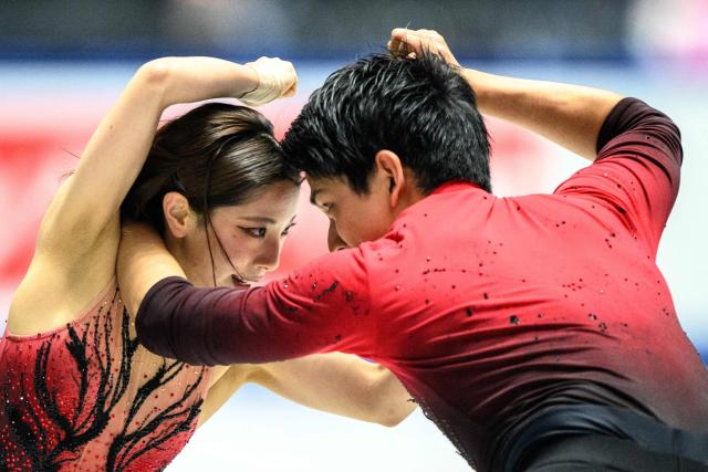 Japan's Riku Miura and Ryuichi Kihara compete in the pairs short program during Japan Figure Skating Championships in Tokyo on December 20, 2025. (Photo by Philip FONG / AFP)