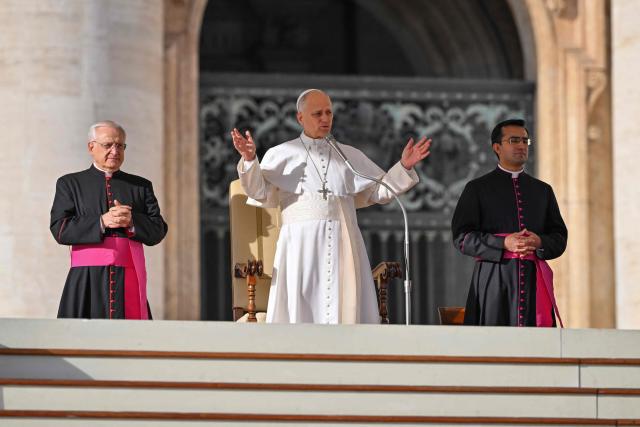 Pope Leo XIV (C) attends the Jubilee Audience at St Peter's Square in The Vatican on December 20, 2025. (Photo by Andreas SOLARO / AFP)