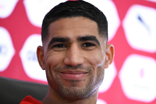Morocco's defender #02 Achraf Hakimi attends a press conference at Prince Moulay Abdellah Stadium in Rabat, Morocco on December 20, 2025, ahead of the start of the Africa Cup of Nations (CAN) football tournament. (Photo by SEBASTIEN BOZON / AFP)