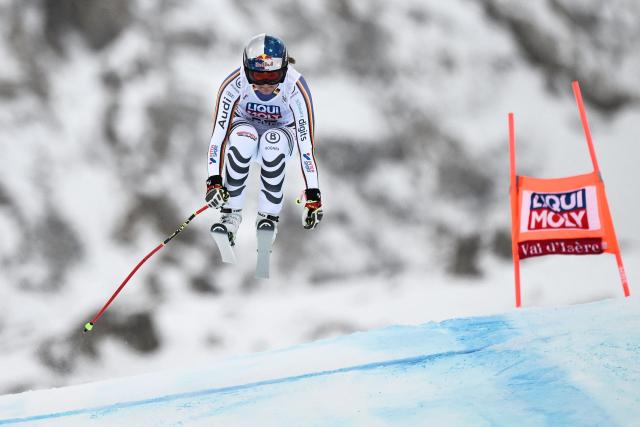 Germany's Emma Aicher competes in the women's downhill race part of the FIS Alpine Ski World Cup 2025-2026, in Val d'Isere, south western France, on December 20, 2025. (Photo by Jeff PACHOUD / AFP)