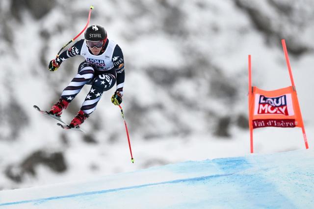 US Breezy Johnson competes in the women's downhill race part of the FIS Alpine Ski World Cup 2025-2026, in Val d'Isere, south western France, on December 20, 2025. (Photo by Jeff PACHOUD / AFP)