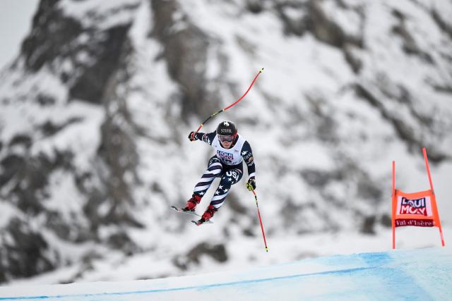 US Breezy Johnson competes in the women's downhill race part of the FIS Alpine Ski World Cup 2025-2026, in Val d'Isere, south western France, on December 20, 2025. (Photo by Jeff PACHOUD / AFP)