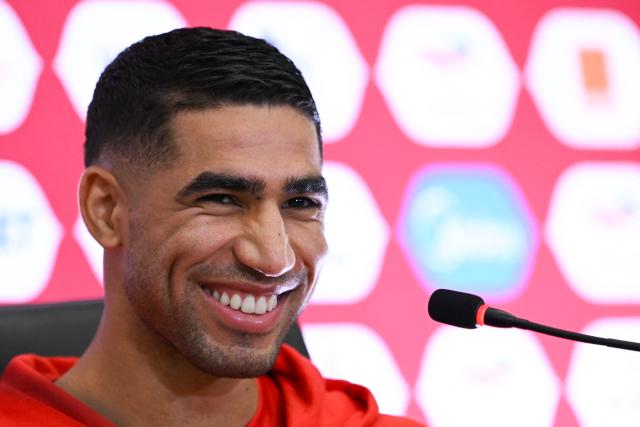Morocco's defender #02 Achraf Hakimi attends a press conference at Prince Moulay Abdellah Stadium in Rabat, Morocco on December 20, 2025, ahead of the start of the Africa Cup of Nations (CAN) football tournament. (Photo by SEBASTIEN BOZON / AFP)
