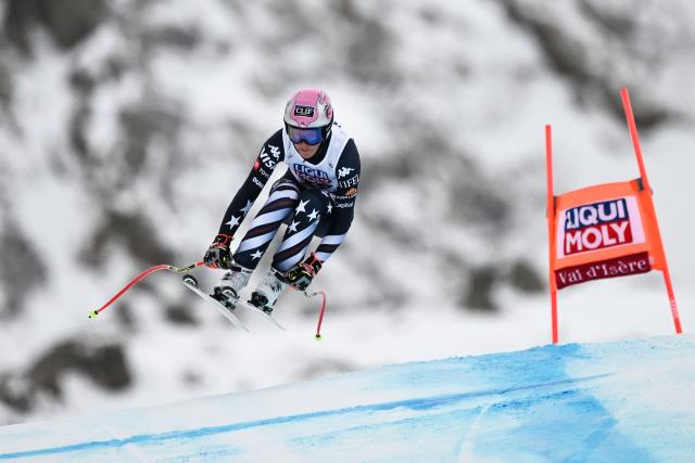 US Keely Cashman competes in the women's downhill race part of the FIS Alpine Ski World Cup 2025-2026, in Val d'Isere, south western France, on December 20, 2025. (Photo by Jeff PACHOUD / AFP)