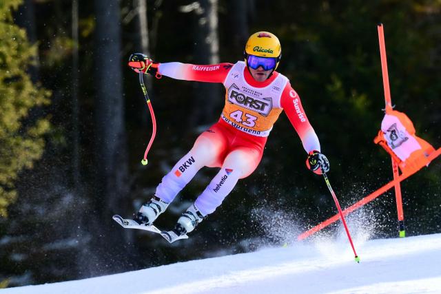 Switzerland's Alessio Miggiano competes in the men's downhill race part of the FIS Alpine Ski World Cup 2025-2026, in Val Garderna, northern Italy, on December 20, 2025. (Photo by Stefano RELLANDINI / AFP)