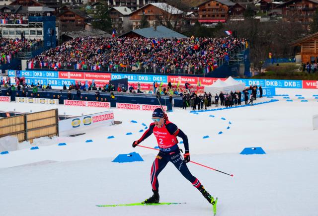 Norway's Johannes Dale-Skjevdal competes during the men's 12,5km pursuit event of the IBU Biathlon World Cup, in Le Grand Bornand, near Annecy, southeastern France, on December 20, 2025. (Photo by Olivier CHASSIGNOLE / AFP)