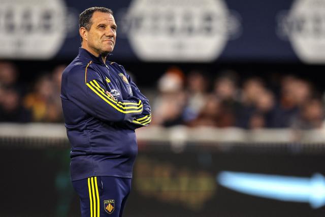 Perpignan's French coach Laurent Labit looks on prior to the French Top14 rugby union match between Stade Rochelais (La Rochelle) and Aviron Bayonnais (Bayonne) at The Marcel-Deflandre Stadium in La Rochelle, western France on December 20, 2025. (Photo by Valentine CHAPUIS / AFP)