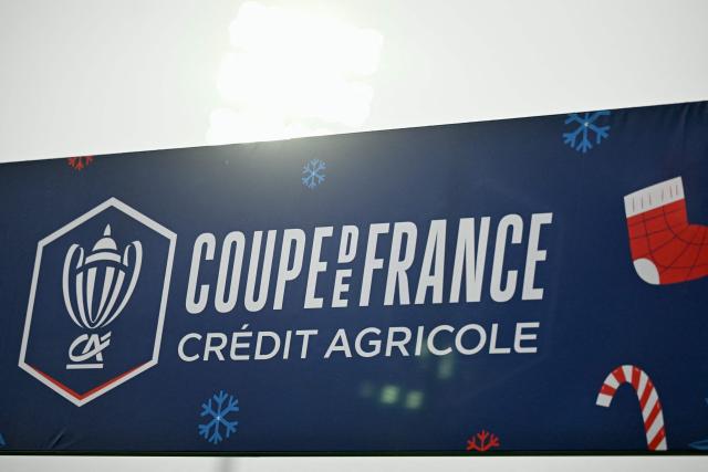This photograph shows the logo of the French Cup (Coupe de France) ahead of the French Cup round of 64 football match between US Lusitanos Saint-Maur and Lille OSC (LOSC), at Dominique-Duvauchelle stadium, in Creteil, in the outskirts of Paris, on December 20, 2025. (Photo by Julie SEBADELHA / AFP)