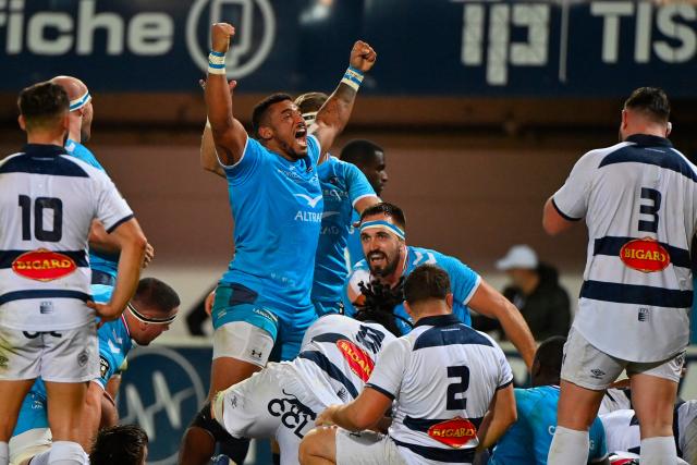 Montpellier’s French prop Wilfrid Hounkpatin (3L) celebrates after his team scores a try during the French Top14 rugby union match between Montpellier Herault Rugby and Castres Olympique at the GGL Stadium in Montpellier, southern France on December 20, 2025. (Photo by Sylvain THOMAS / AFP)