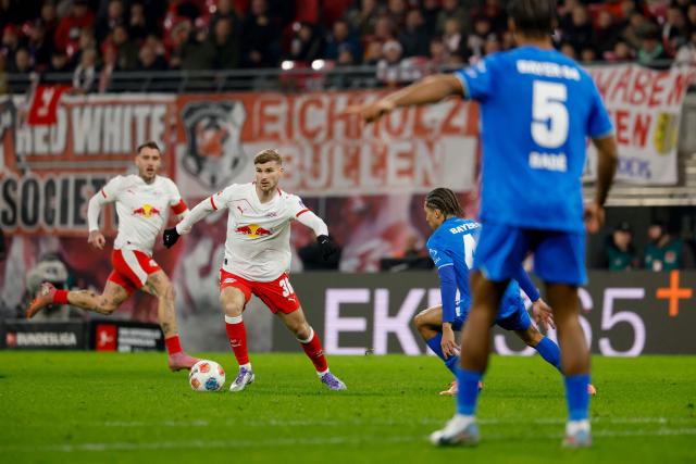 Leipzig's German forward #36 Timo Werner controls the ball during the German first division Bundesliga football match between RB Leipzig and Bayer 04 Leverkusen in Leipzig, eastern Germany, on December 20, 2025. (Photo by Odd ANDERSEN / AFP) / DFL REGULATIONS PROHIBIT ANY USE OF PHOTOGRAPHS AS IMAGE SEQUENCES AND/OR QUASI-VIDEO