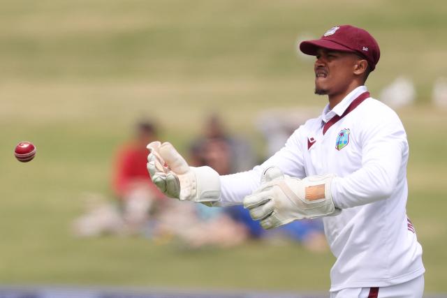 West Indies Tevin Imlach throws the ball during day four of the 3rd international Test cricket match between New Zealand and West Indies at Bay Oval in Mount Maunganui, Tauranga, New Zealand on December 21, 2025. (Photo by Michael Bradley / AFP)