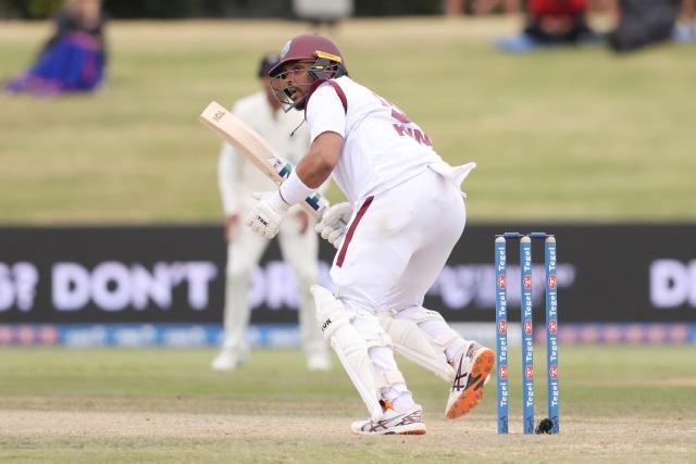 West Indies' Brandon King bats during day four of the 3rd international Test cricket match between New Zealand and West Indies at Bay Oval in Mount Maunganui on December 21, 2025. (Photo by Michael Bradley / AFP)