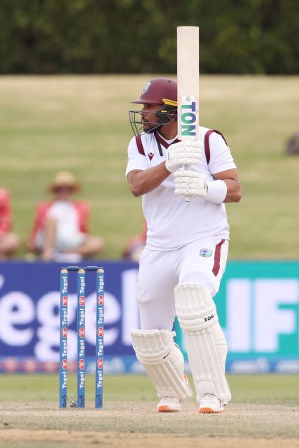 West Indies' Brandon King bats during day four of the 3rd international Test cricket match between New Zealand and West Indies at Bay Oval in Mount Maunganui on December 21, 2025. (Photo by Michael Bradley / AFP)