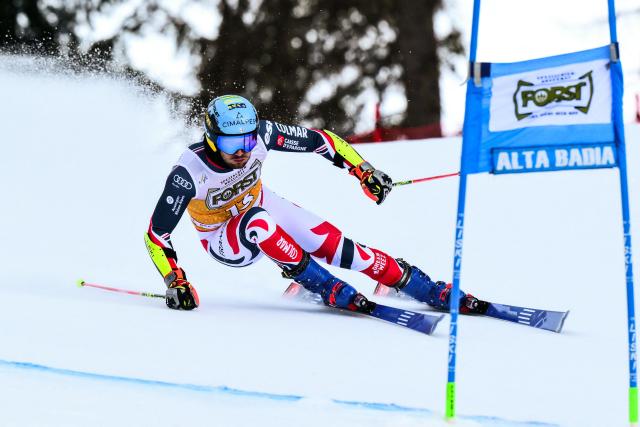France's Thibaut Favrot competes in the first run of the Men's Giant Slalom event, part of the FIS Alpine Ski World Cup 2025-2026, in Alta Badia, northern Italy, on December 21, 2025. (Photo by Stefano RELLANDINI / AFP)