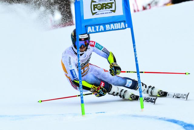 Norway's Atle Lie McGrath competes in the first run of the Men's Giant Slalom event, part of the FIS Alpine Ski World Cup 2025-2026, in Alta Badia, northern Italy, on December 21, 2025. (Photo by Stefano RELLANDINI / AFP)