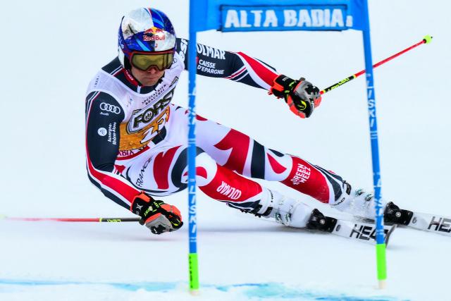 France's Alexis Pinturault competes in the first run of the Men's Giant Slalom event, part of the FIS Alpine Ski World Cup 2025-2026, in Alta Badia, northern Italy, on December 21, 2025. (Photo by Stefano RELLANDINI / AFP)