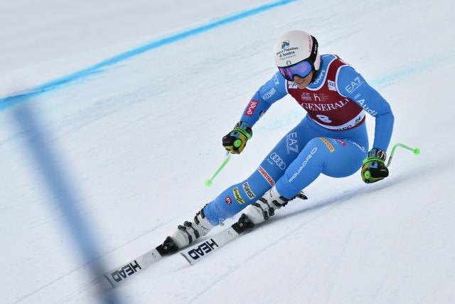 Italy's Elena Curtoni competes in the women's Super G event during the FIS Alpine Ski World Cup 2025-2026, in Val d'Isere, southwestern France, on December 21, 2025. (Photo by Jeff PACHOUD / AFP)