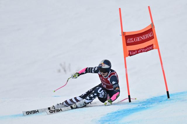 US Lindsey Vonn competes in the women's Super G event during the FIS Alpine Ski World Cup 2025-2026, in Val d'Isere, southwestern France, on December 21, 2025. (Photo by Jeff PACHOUD / AFP)