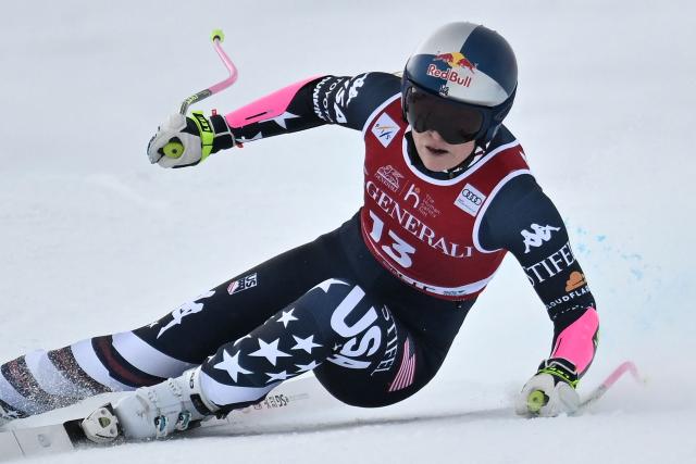 US Lindsey Vonn competes in the women's Super G event during the FIS Alpine Ski World Cup 2025-2026, in Val d'Isere, southwestern France, on December 21, 2025. (Photo by Jeff PACHOUD / AFP)