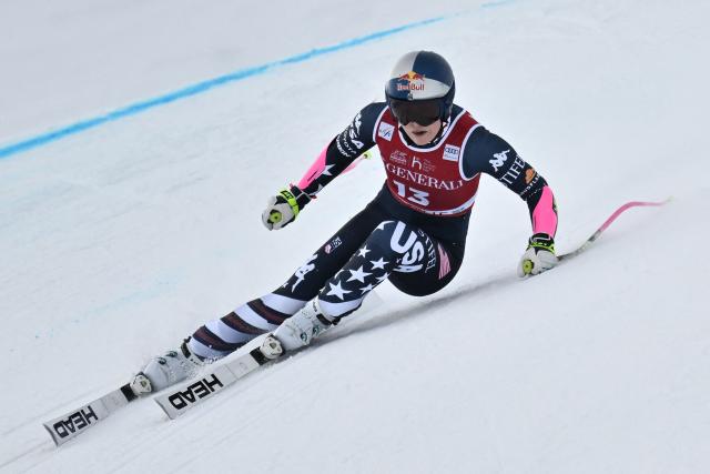 US Lindsey Vonn competes in the women's Super G event during the FIS Alpine Ski World Cup 2025-2026, in Val d'Isere, southwestern France, on December 21, 2025. (Photo by Jeff PACHOUD / AFP)